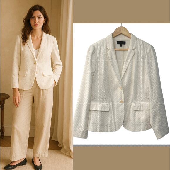 Talbots 10 Classic Eyelet 100% Cotton Blazer Work 2 Button Summer Jacket White - Picture 1 of 9